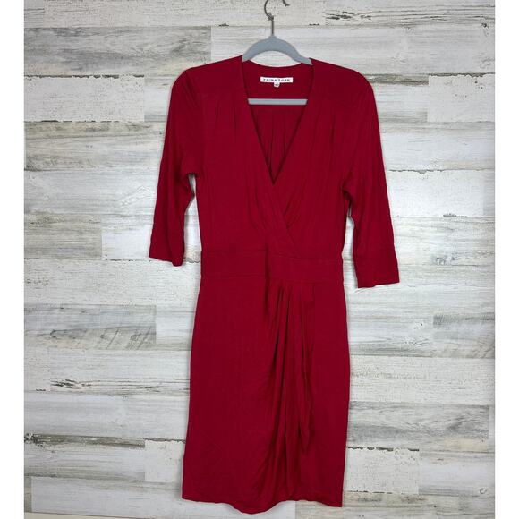 Trina Turk womens 4 Red V Neck Wrap Pleated 3/4 Sleeve Ruched Sheath midi Dress - Picture 1 of 6